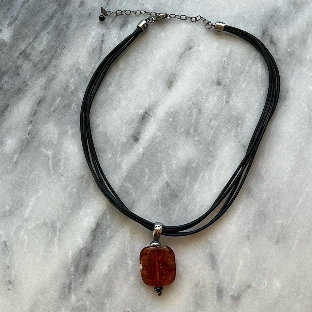 Silpada Black Leather 4 Cord Amber Color Square Penda… - Gem